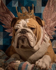Regal bulldog with golden crown and angelic wings sits on quilted blanket, exuding majestic and whimsical presence. background features patchwork quilt design