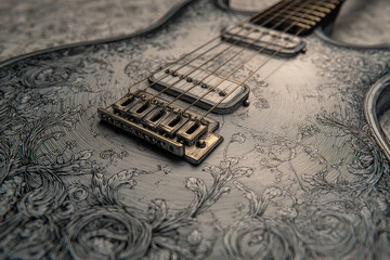 Intricately designed electric guitar with ornate floral engravings its body, showcasing detailed craftsmanship and artistic elegance. close up view highlights strings and bridge, emphasizing