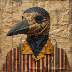 Mystical black crow wearing bandit mask and vintage clothing stands against textured background, evoking sense of mystery and intrigue. crow attire features striped pattern and ornate details