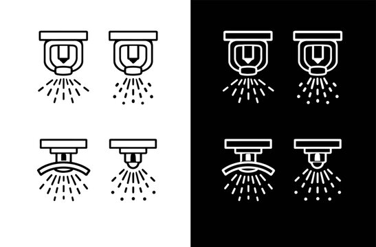 Modern outline fire sprinkler icon set featuring different spray patterns for emergency safety systems