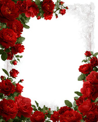 Red roses frame white background with ornate floral patterns, creating elegant and romantic border. vibrant roses add touch of passion and beauty, perfect for invitations or announcements