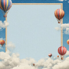Whimsical scene featuring rigid border frame made from colorful hot air balloons floating among fluffy clouds in bright blue sky. textured background adds dreamy feel