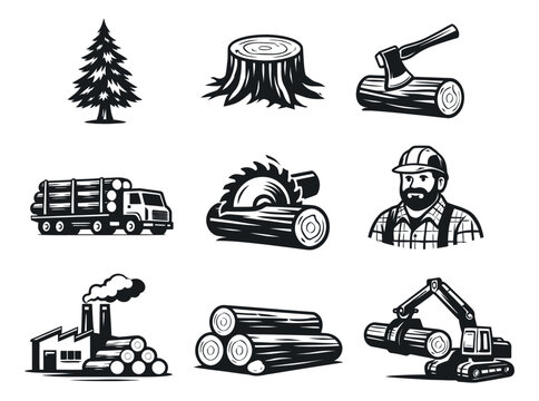 Black and white line art logging and lumberjack set featuring trees, wood logs, and industry tools for forestry business designs