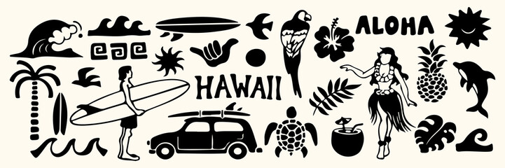 Hawaiian-themed vector graphic set featuring surfer, waves, tropical plants, parrot, hula dancer, dolphins, pineapples, tiki elements, and "Aloha" text. Perfect for summer, beach, travel,