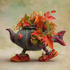 Whimsical teapot shaped like fish with colorful knitted texture and legs, adorned with vibrant autumn leaves and flowers, creating surreal and artistic display