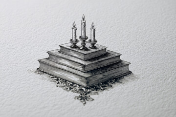 Detailed illustration of symmetrical stack of books forms tiered platform, topped with three lit candles. intricate design is set against textured background, evoking sense of elegance and mystery