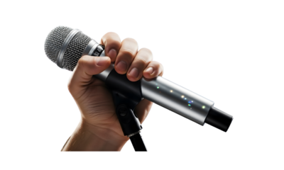 A hand grasping a microphone against a white background