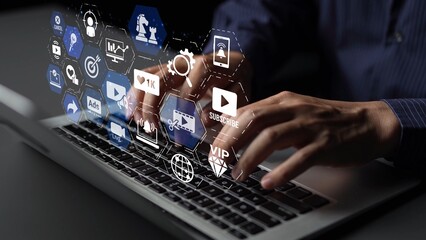 Fototapeta premium The concept of video marketing increases online engagement. This digital strategy uses compelling video marketing to attract and retain a target audience for business growth. Funnel