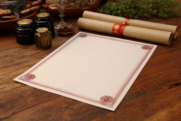 Decorative blank certificate with ornate red border is placed on wooden table, surrounded by ink pots, rolled parchment, and herbs, creating vintage and elegant atmosphere