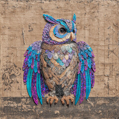 Colorful owl with intricate, holographic wings and wise expression is perched against rustic wooden background, showcasing blend of vibrant blues, purples, and metallic hues