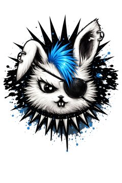 Punk-Hase mit Augenklappe und blauem Irokesenschnitt als ausdrucksstarke Illustration im rebellischen Street-Art-Stil. Das freche Hasenmotiv kombiniert Rock- und Punk-&Auml;sthetik mit kr&auml;ftigen Kontrasten
