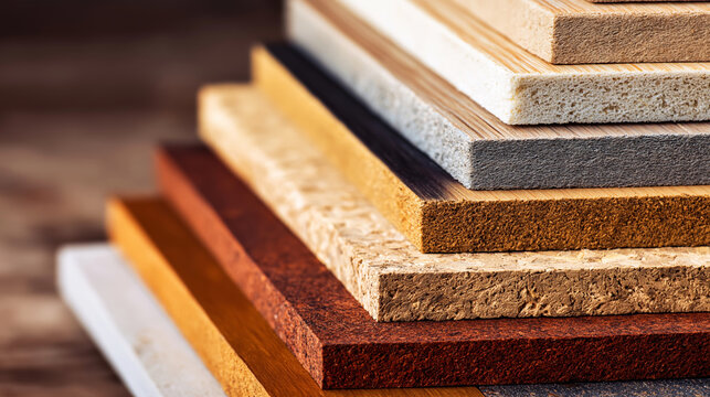 Layered samples showing different textures of construction materials, wood, MDF, and particleboard stacked diagonally