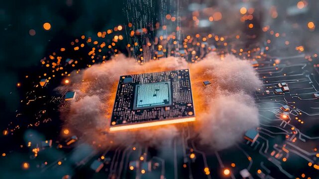 Advanced computer processor emerging through digital smoke and glowing particles with intense energy flow showcasing high performance computing technology