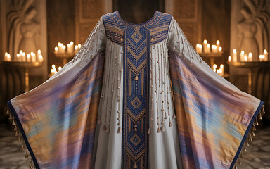 Ethereal cloak with iridescent sheen in a candlelit chamber