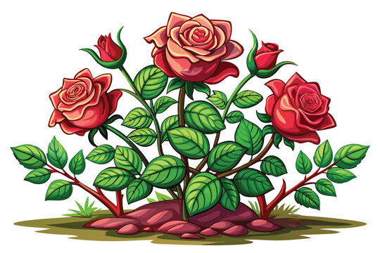 Charming red rose bush flourishes with verdant leaves rooted among stones on neutral backdrop