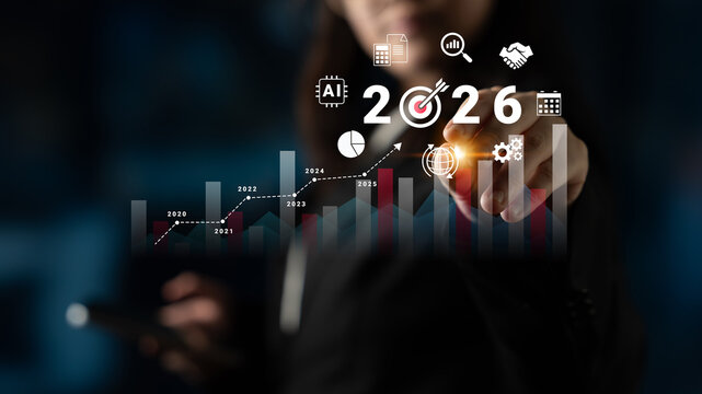 Bar graphs, charts, and number 2026 with AI and data analysis icons symbolizing future business innovation and analytics Parse - Powered by Adobe