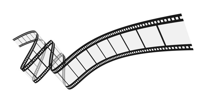 Transparent curved film strip isolated on white background. Wavy movie reel in perspective. Vector illustration