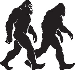 Fototapeta premium Pair of Bigfoot or Sasquatch Silhouettes in Motion, Mysterious Forest Dweller Icons