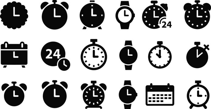 Timekeeping icon set with clocks, watches, stopwatches, alarms, and calendars, vector artwork