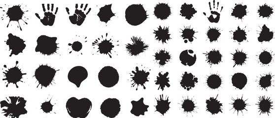 Fototapeta premium Set of Black Ink Splatters, Paint Blobs, and Handprint Icons for Grunge and Abstract Designs
