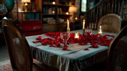 Tavola per cena a lume di candela coperta di petali di rosa.
