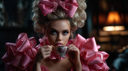 Una modella che indossa un abito drammatico fatto di fiocchi oversize, che si sforza di sorseggiare delicatamente il t&egrave;. L'umorismo attraverso l'esagerazione