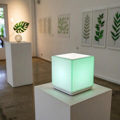 Modern art gallery with light installations and botanical art
