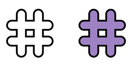 Obraz premium A pair of hashtag symbols, one white and one purple, are displayed side by side in a simple graphic illustration on a clean background from a straightforward viewpoint.