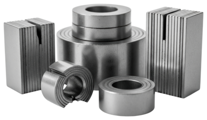 Group of stacked steel lamination cores for electrical motors isolated with transparent background