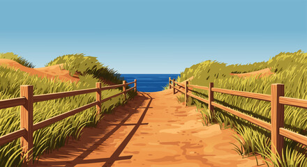 Obraz premium A picturesque sandy pathway leading to the serene blue ocean, bordered by lush green grass and a wooden fence