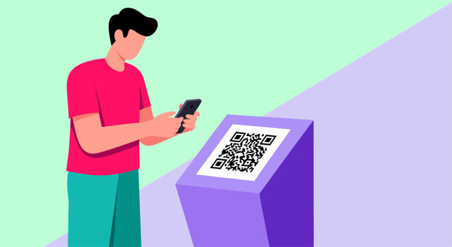 Man scanning a QR code on a digital screen using his smartphone for contactless payment or information access