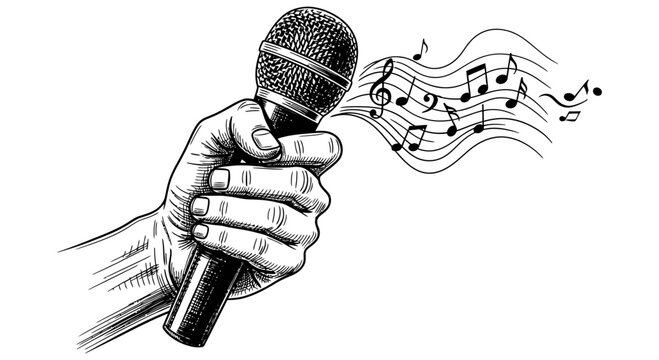 A hand grasping a microphone emitting melodic sounds, surrounded by swirling musical notes, illustrated in detailed black and white artwork