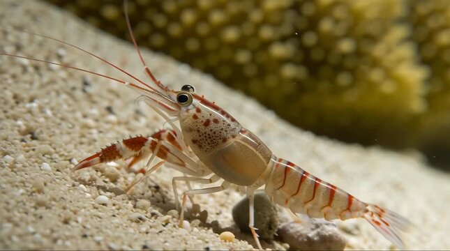 Close Up Marine Shrimp Walking on Sandy Seabed with Detailed Antennae