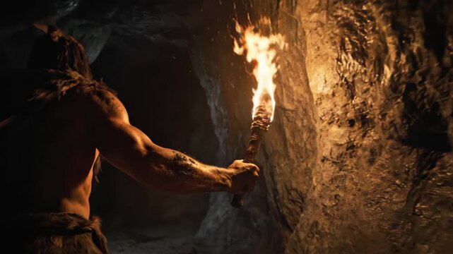 Ancient individual searches for safety underground, Caveman with torch navigates dark and rocky tunnels eagerly, Primitive human with fire explores shadowy caves in search of safety and survival