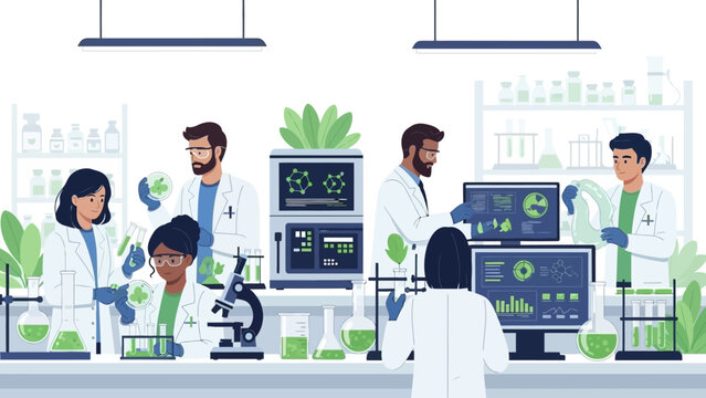 Diverse Scientists Collaborating in a Modern Research Laboratory, Conducting Experiments and Analyzing Data for Breakthrough Discoveries and Innovation