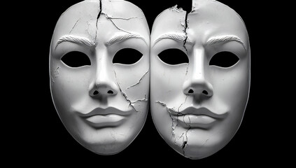 Two weathered, cracked theatrical masks face each other, symbolizing duality and fragility