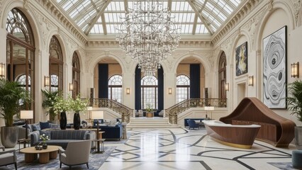Opulent hotel lobby with grand staircase