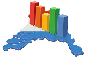 Fototapeta premium 3D bar chart representing economic growth, financial statistics, or data analysis on a map of Netherlands with flag (cut out)