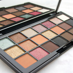 Open makeup palette with various eyeshadow shades