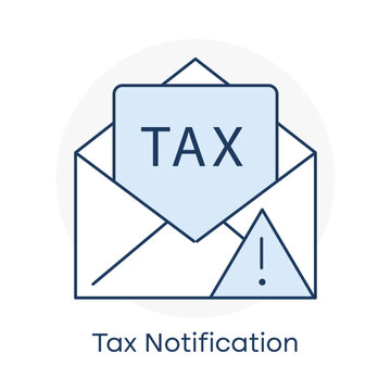 Tax notification letter inside envelope with warning alert icon with editable stroke.