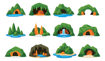 Cartoon cave and grotto set featuring various rock formations with water elements for game design