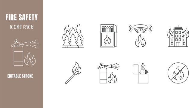 Editable line fire safety icons set &ndash; outline vector pack of wildfire, burning building, fire extinguisher, smoke detector, match, lighter and no fire sign for prevention and emergency