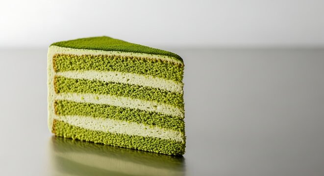 Slice of layered green matcha cake with white cream filling