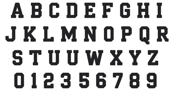 Varsity font vector alphabet, collegiate lettering set, bold athletic typography, sports style letters for team logos apparel prints school emblems retro designs