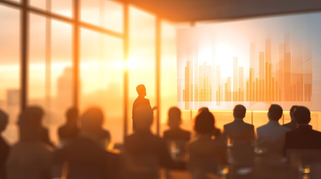 Business presentation with growth chart and audience during sunset corporate meeting