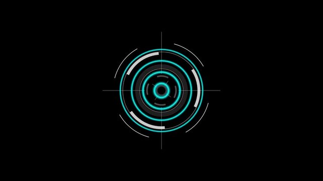 Digital radar display featuring rotating segments and high-tech user dashboard concepts.Depicting a sophisticated target scope circular HUD interface with concentric rings on a black background.