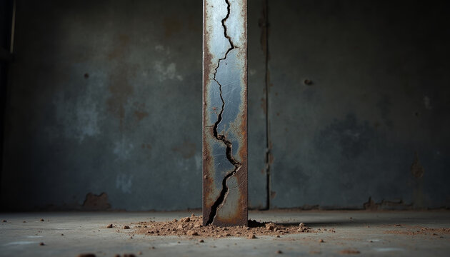 Rusty metal pillar with a deep crack in an abandoned industrial building