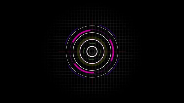 Digital radar display featuring rotating segments and high-tech user futuristic dashboard.Depicting a sophisticated target scope circular HUD interface with concentric rings on a black background.