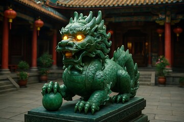 Fototapeta premium Green Guardian Lion Statue with Glowing Eyes in Traditional Courtyard