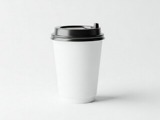 Single white disposable coffee cup with black lid isolated on white background